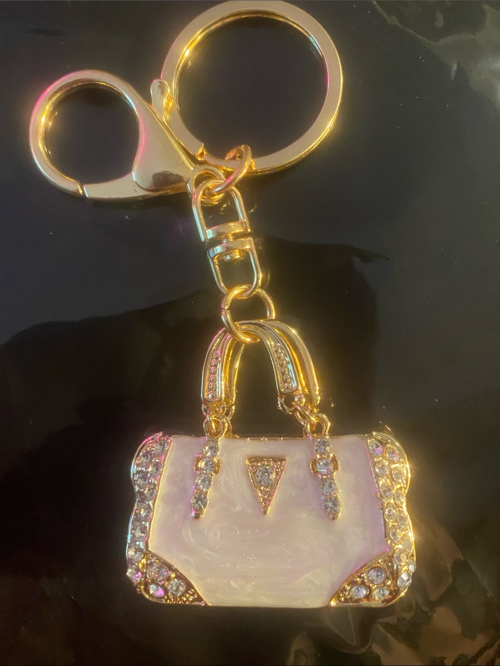 Cream Enamel & Gold Crystal Purse Keychain or Bag Charm